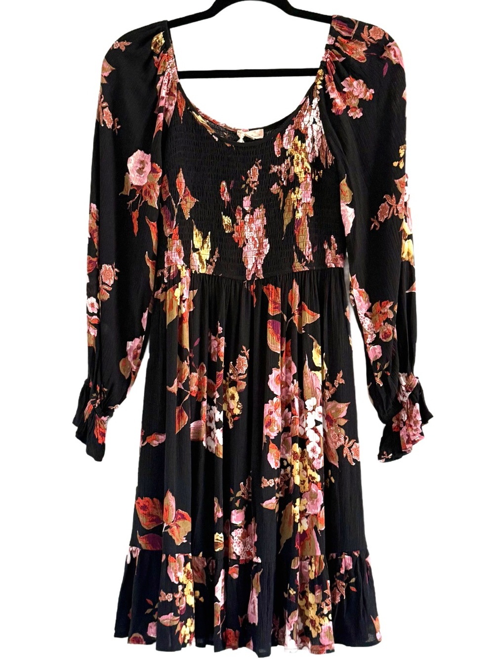 Hem & Thread Black Floral Smocked Waist Long Sleeve Dress Small?